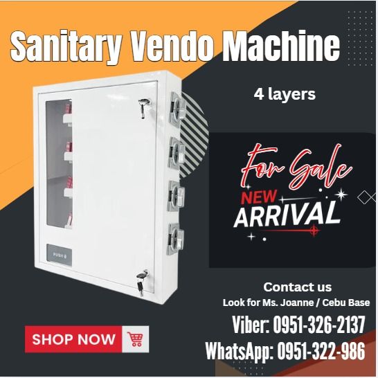 Sanitary Vendo Machine 4 Layers (Category: Everything Else Others) located in Caloocan City. Submitted by casesarian62993 (Listing ID 1441794622, Image 1). Description: 1. Machine Size: 52*67*12.5cm (W*H*D), N.W:16.5kg, G.W:17.5kgs 2. Selections: 4types, column length 370mm 3. Capacity: 8-20pcs of each, total 32-80pcs 4. Coin mech 1-2coins 5. Full mechanical vending machine, 4 columns are worked with 4coin mechs, only accept coins 7 .Suitable for