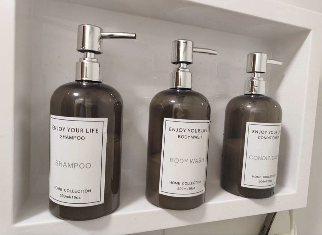 Shampoo Body Wash Conditioner Dispenser Bottles Set (Category: Bath) located in Manila. Submitted by kellemirah (Listing ID 1441964037, Image 2). Description: - Set of 3 dispenser bottles - Includes shampoo, body wash, and conditioner - Each bottle is 500ml (16oz) - Clear bottles with white labels - Silver pump tops - Ideal for organizing your bathroom or shower - 1 pc for 250 each.