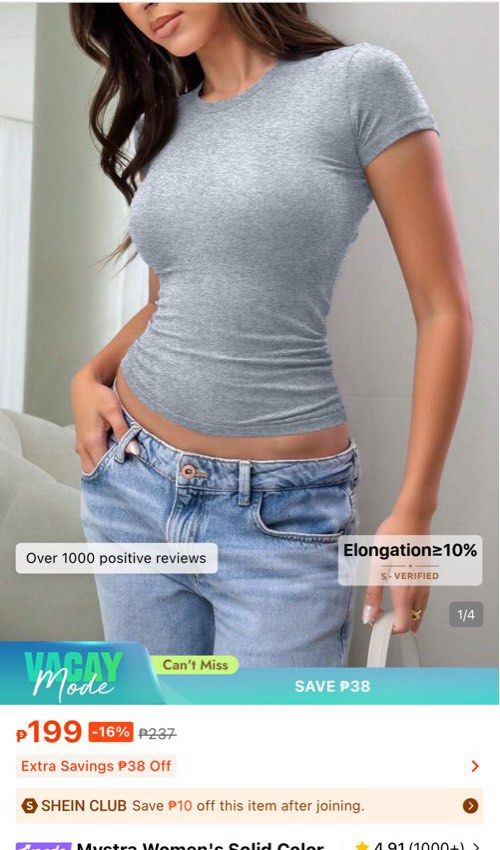 Shein Grey T-shirt Top (Category: Shirts) located in Mandaluyong City. Submitted by hyyzl (Listing ID 1441947147, Image 2). Description: Brand: Shein - 10/10 condition, like new (worn once) - cotton fabric - stretchy, fitted material - can fit S-M RFS: Decluttering Message for other price offers/questions..