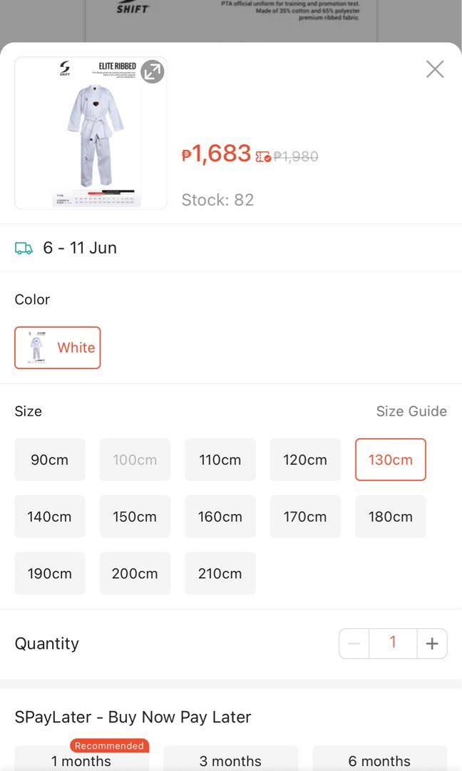 SHIFT Official Taekwondo Uniform in White (Category: Combat Sports) located in Manila. Submitted by match444_ (Listing ID 1441864444, Image 3). Description: - Official PTA uniform for training and promotion tests. - Made from premium ribbed fabric: 35% cotton, 65% polyester. - Original prices are around 1600+ - Available in 120 & 130 - Used once lng for taekwondo training.