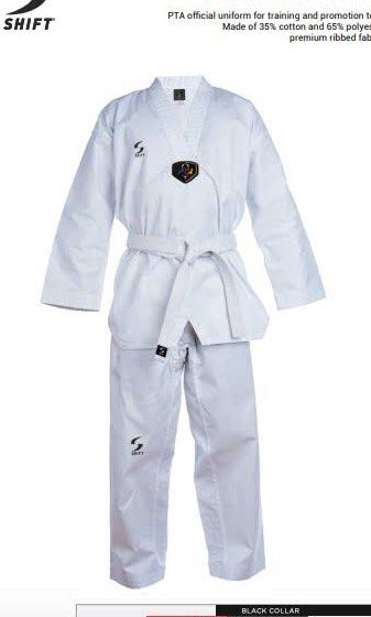 SHIFT Official Taekwondo Uniform in White (Category: Combat Sports) located in Manila. Submitted by match444_ (Listing ID 1441864444, Image 1). Description: - Official PTA uniform for training and promotion tests. - Made from premium ribbed fabric: 35% cotton, 65% polyester. - Original prices are around 1600+ - Available in 120 & 130 - Used once lng for taekwondo training.