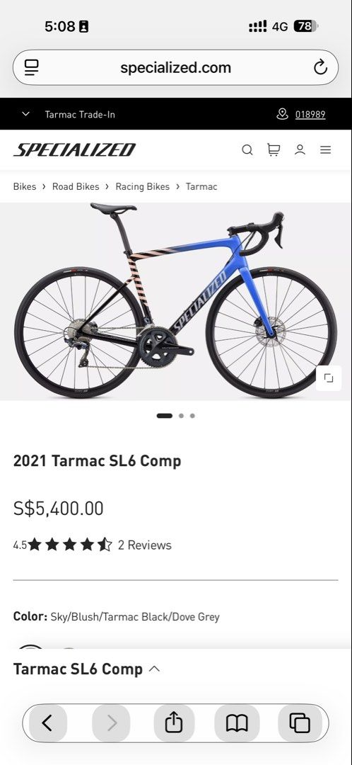 Specialized Tarmac SL6 Comp Road Bike (Category: Bicycles) located in Singapore. Submitted by lester.sardines (Listing ID 1441964893, Image 2). Description: Own a timeless collection rare discontinued Sky/ Blush colour way specialized SL6 today! Cheap Cheap Cheap! Specialized Tarmac SL6 Comp - Size: 52 - Discontinued, Rare colour way - Color: Sky/Blush - Stock Setup - Front and Rear Brake: Shimano Ultegra, Hydraulic Disk - Saddle Body Geometry Po