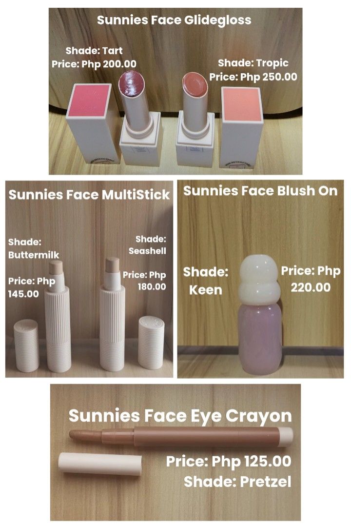 Sunnies Face Makeup Bundle (Category: Makeup) located in Manila. Submitted by _gie_ (Listing ID 1441738377, Image 1). Description: Blush on in the shade Keen: Lightly Used Eye Crayon: Barely used (naputol sa bottom end, so product may detached as it sticks to the cap when opened) MultiStick: Seashell (65% left), Buttermilk (50% left) Glidegloss: Tropic (swatched only), ‼️Tart (barely used - SOLD)‼️.