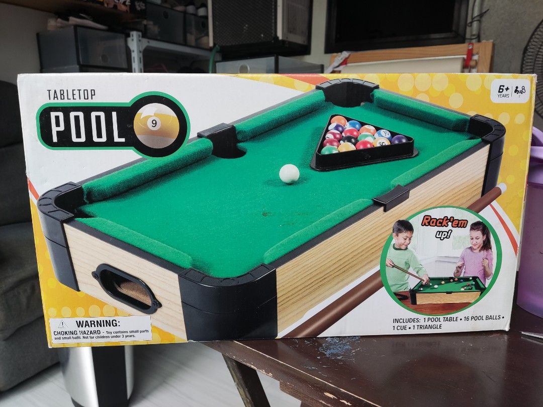 Tabletop Pool Game Set for Kids (Category: Kids Toys) located in Bacoor. Submitted by pat0404 (Listing ID 1441813674, Image 1). Description: - Fun tabletop pool game for kids - Includes: pool table, 15 pool balls, 1 cues, 1 triangle - Ideal for indoor play and practicing shots - Easy to set up and play - Recommended for ages 6 and up - Get ready for some mini-billiards fun! Complete set, bought in Anko!.