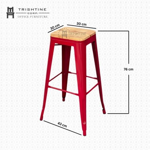 TBC-020 | Stackable Bar Stool (Category: Chairs) located in Caloocan City. Submitted by jimtapitan_trishtinecorp. (Listing ID 1441785818, Image 2). Description: - Trishtine Corp Office Furniture Bar Stool - Durable metal frame with a comfortable wooden seat - Available Colors: Black, Gray, Rust, White, Red - Seat Dimensions: 30 cm x 30 cm - Stool Height: 76 cm - Base Width: 43 cm - Ideal for kitchens, bars, and workspaces DISCLAIMER: Price is for