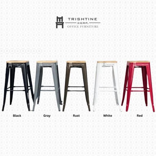 TBC-020 | Stackable Bar Stool (Category: Chairs) located in Caloocan City. Submitted by jimtapitan_trishtinecorp. (Listing ID 1441785818, Image 1). Description: - Trishtine Corp Office Furniture Bar Stool - Durable metal frame with a comfortable wooden seat - Available Colors: Black, Gray, Rust, White, Red - Seat Dimensions: 30 cm x 30 cm - Stool Height: 76 cm - Base Width: 43 cm - Ideal for kitchens, bars, and workspaces DISCLAIMER: Price is for