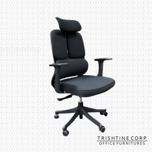 TEX-253 | Highback Executive Fabric Chair (Category: Office Furniture & Fixtures) located in Caloocan City. Submitted by jimtapitan_trishtinecorp. (Listing ID 1441794710, Image 1). Description: - Ergonomic office chair from Trishtine Corp. - Adjustable headrest and armrests for personalized comfort. - Padded seat and back for extended sitting. - Swivel base with wheels for effortless mobility. - Ideal for long work hours. - Available in black and