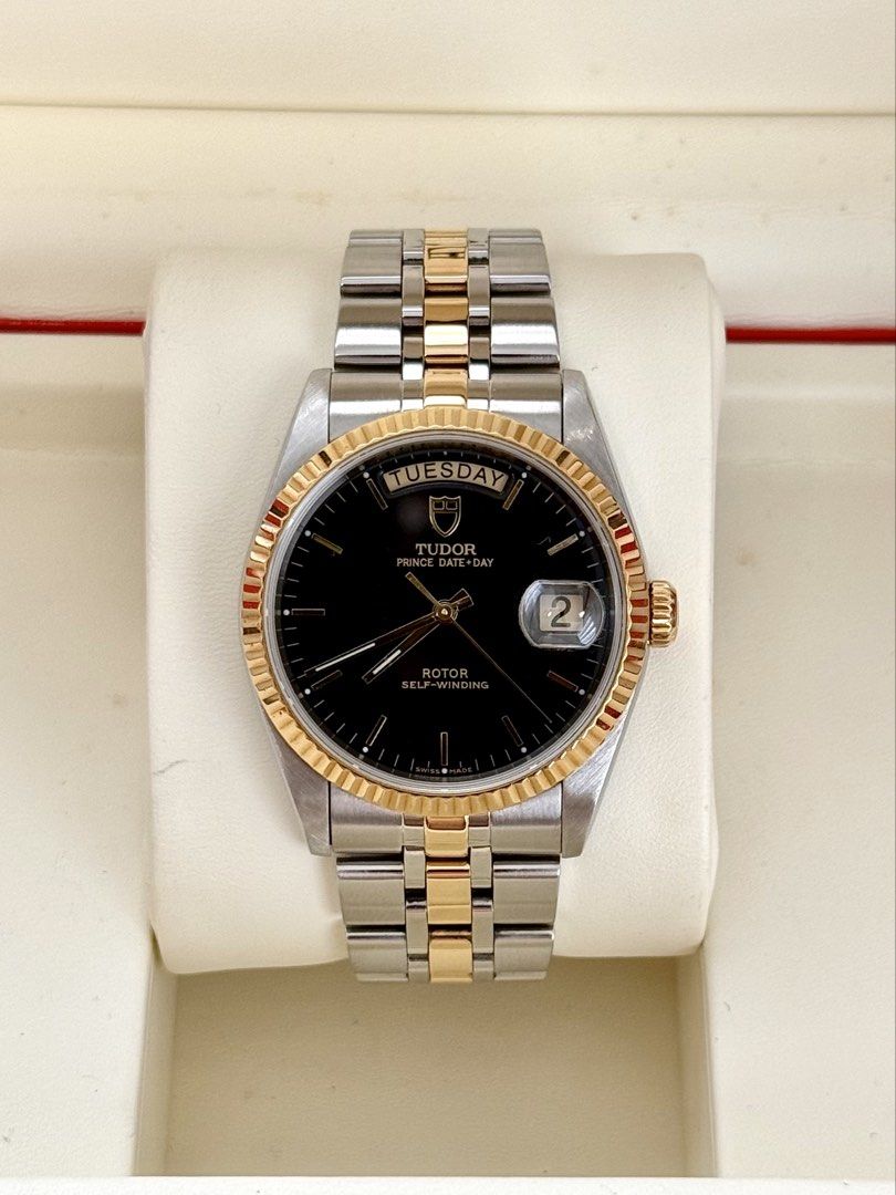 Tudor Prince Date Day Two Tone (Category: Luxury Watches) located in Antipolo. Submitted by authoritytimepieces (Listing ID 1441876416, Image 1). Description: Tudor Prince Date Day Two Tone Rare black dial paired with 18k yellow gold. An investment that holds its value through time 👑 Php 154,500 “Tudor Vice President” Ref # 76213 Year 2006 (Discontinued model) Solid 18k gold fluted bezel, center links, and crown 36 MM Comes with box and manual C