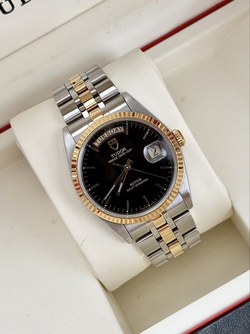 Tudor Prince Date Day Two Tone (Category: Luxury Watches) located in Antipolo. Submitted by authoritytimepieces (Listing ID 1441876416, Image 2). Description: Tudor Prince Date Day Two Tone Rare black dial paired with 18k yellow gold. An investment that holds its value through time 👑 Php 154,500 “Tudor Vice President” Ref # 76213 Year 2006 (Discontinued model) Solid 18k gold fluted bezel, center links, and crown 36 MM Comes with box and manual C