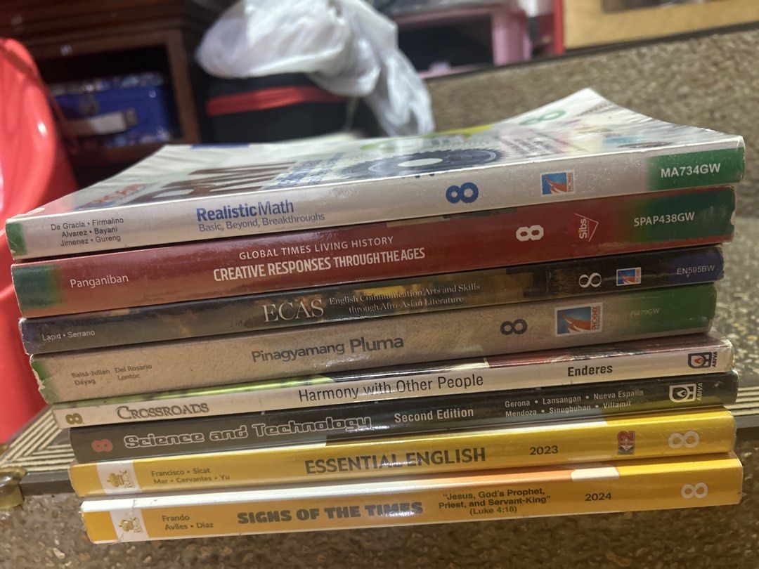 Various Grade 8 Textbooks - English, Math, History, Science (Category: Textbooks) located in Manila. Submitted by rpaulo (Listing ID 1441790637, Image 2). Description: - Grade 8 Textbook Bundle - Includes: Essential English, Realistic Math, Signs of the Times, Global Times Living History, and more. - Mostly recent editions (2023 & 2024) - Ideal for student reference or homeschooling needs. PHP175/each.