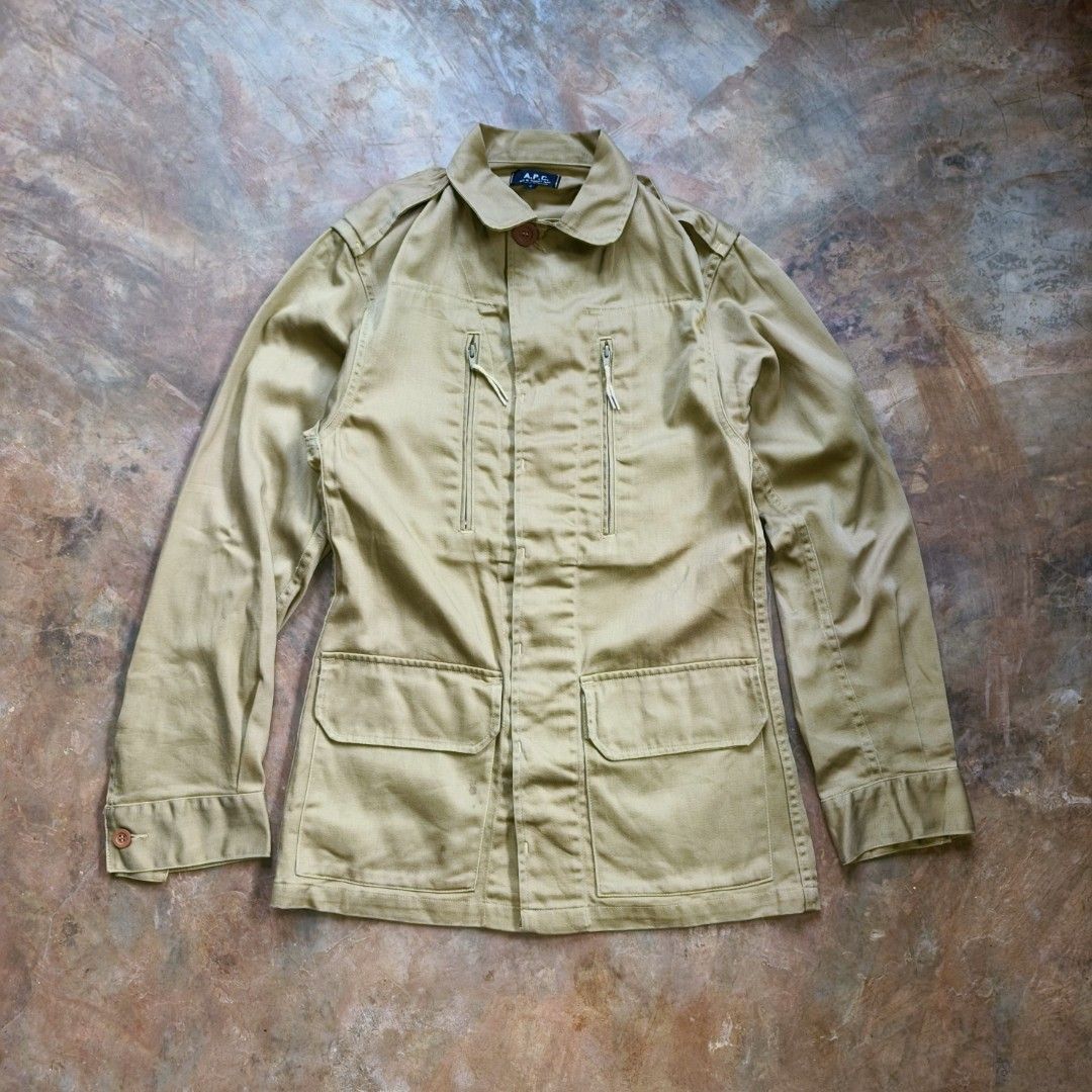 Vintage A.P.C. Rue de Fleurus Paris Jacket Size S (Category: Coats, Jackets and Outerwear) located in Ipil. Submitted by ajthriftfinds (Listing ID 1441880156, Image 1). Description: - W: 17 - L: 27.5 - A.P.C. jacket - Made in France - 100% Cotton - Two chest zip pockets - Two lower flap pockets - Button closure - Size S - Ideal for layering.