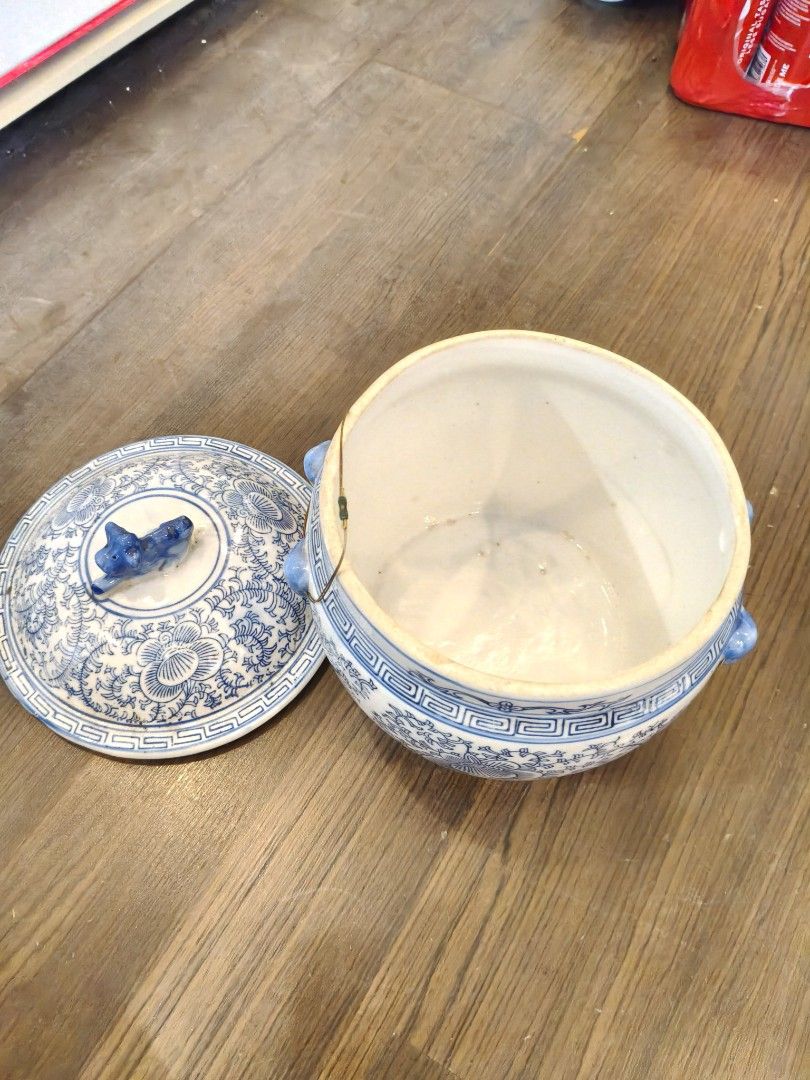 Vintage Blue and White Ceramic Pot with Lid