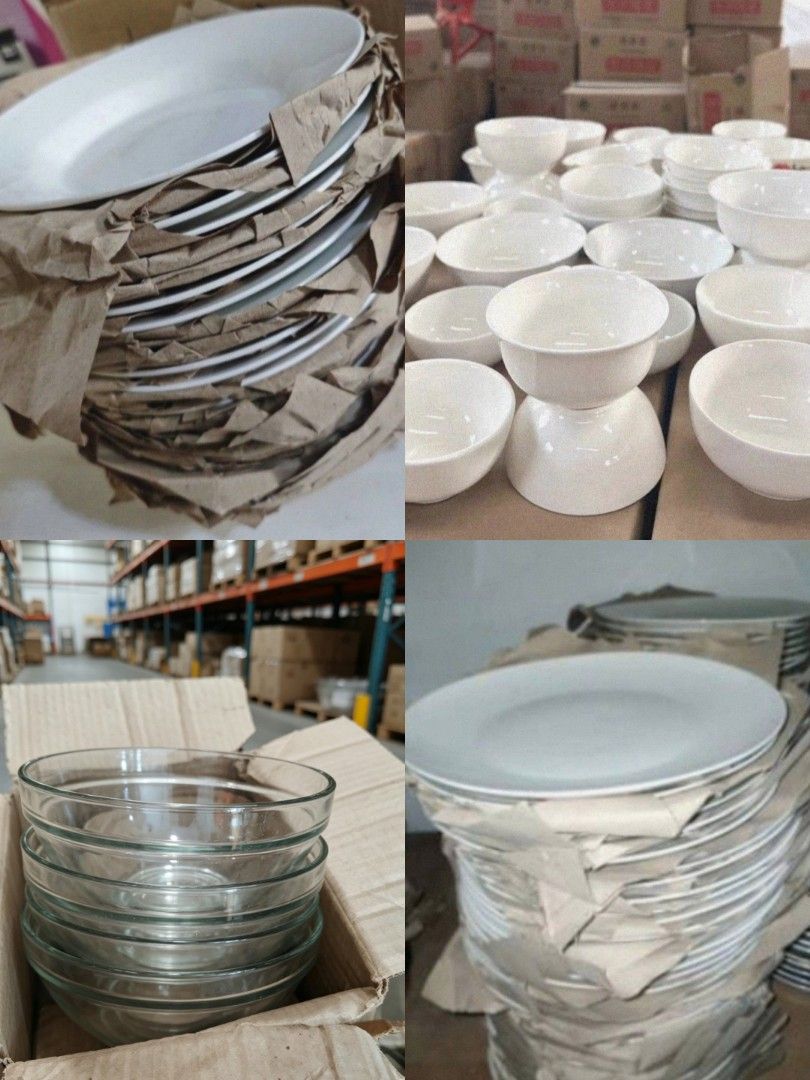 White Ceramic Plates and Glass Bowls - Bulk Set
