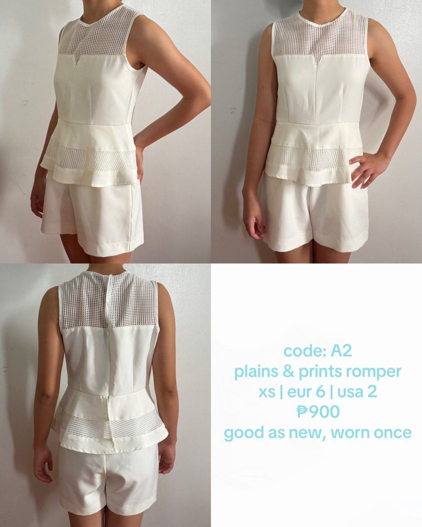 White Sleeveless Romper with Mesh Details (Category: Rompers) located in Daet. Submitted by yuseoovng (Listing ID 1441900144, Image 1). Description: - White romper - Worn only once - Perfect for a chic and casual look Size: XS | Eur 6 | USA 2.