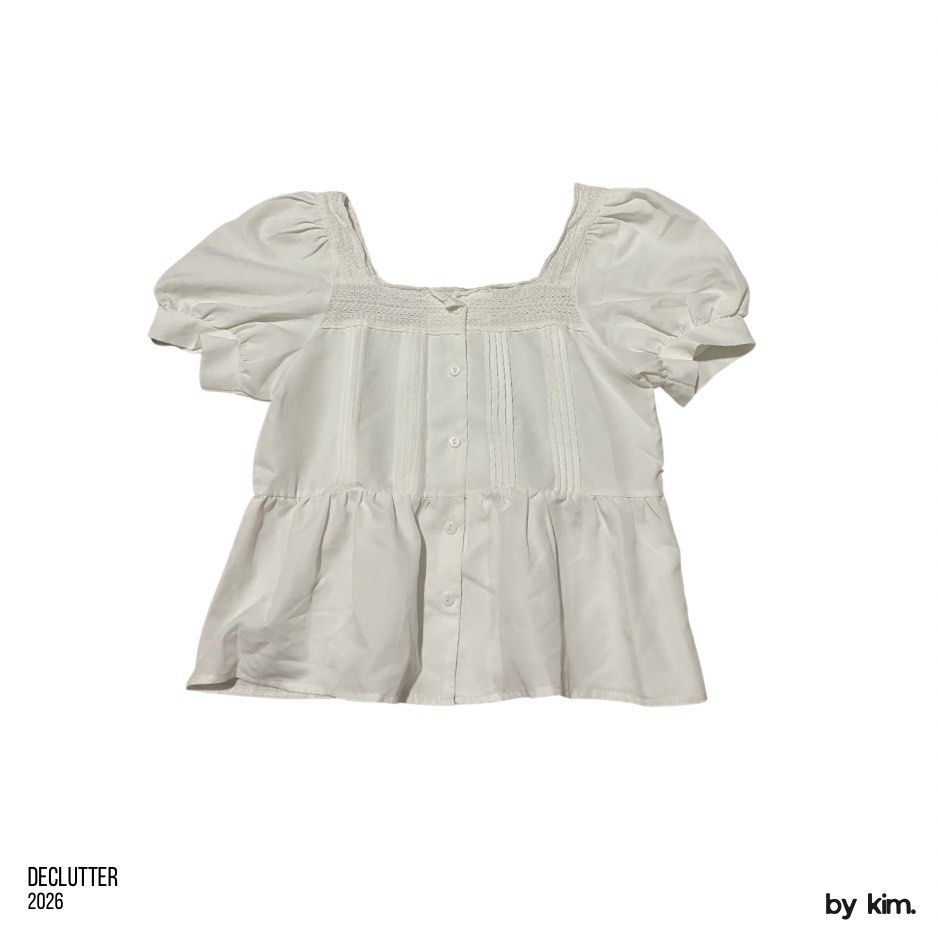 White Square Neck Puff Sleeve Peplum Blouse (Category: Blouses) located in Daraga. Submitted by kimdeclutters_ (Listing ID 1441788270, Image 1). Description: SHEIN white blouse. square neck, puff sleeves, peplum hem. negotiable for sure buyers! 💌.