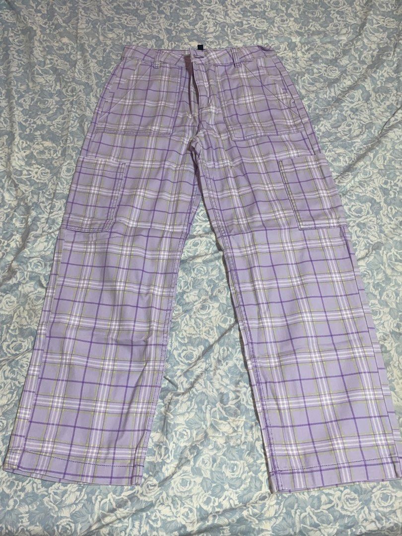 Wild Fable Purple Plaid Cargo Pants (Category: Other Bottoms) located in Caloocan City. Submitted by kaeroppi (Listing ID 1441874186, Image 1). Description: - Trendy purple plaid cargo pants - High-waisted design - Zipper and button closure - Two front pockets - Two functional cargo pockets on legs - Back pockets included - Flattering wide leg fit - Ideal for a stylish casual look.