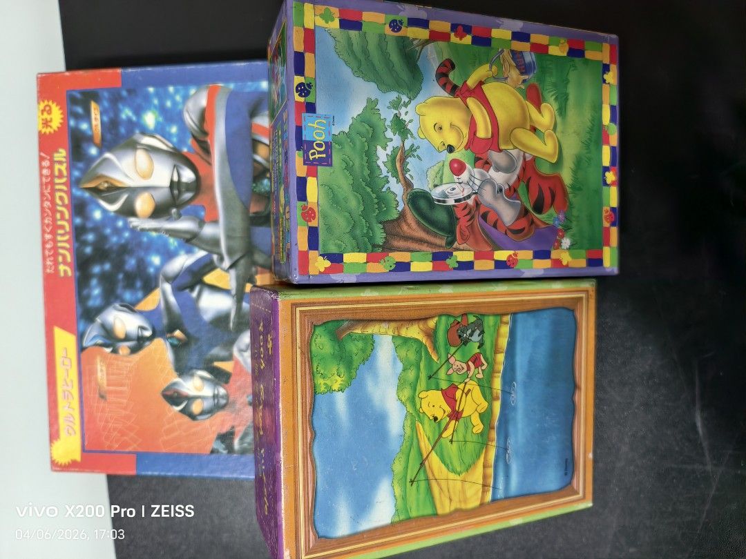 Winnie the Pooh & Ultraman Jigsaw Puzzles (Category: Board Games & Puzzles) located in Singapore. Submitted by flora21 (Listing ID 1441866519, Image 1). Description: - Set of 2 jigsaw puzzles - Features Winnie the Pooh & Friends fishing - Features Ultraman characters - Suitable for kids and adults - Boxes are included - Great for fans of both franchises.