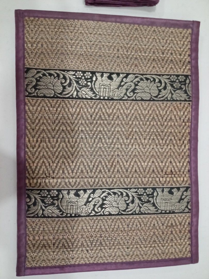 Woven Placemat and Coaster Set with Elephant Design (Category: Other Kitchenware & Tableware) located in Quezon City. Submitted by cloudcloset.ph (Listing ID 1441837911, Image 3). Description: - Set includes 6 woven placemats and 6 matching coasters. - Features a charming elephant and floral pattern. - Edges are beautifully trimmed with purple fabric. - Adds a decorative touch to your dining table. - Ideal for both special occasions and everyday 