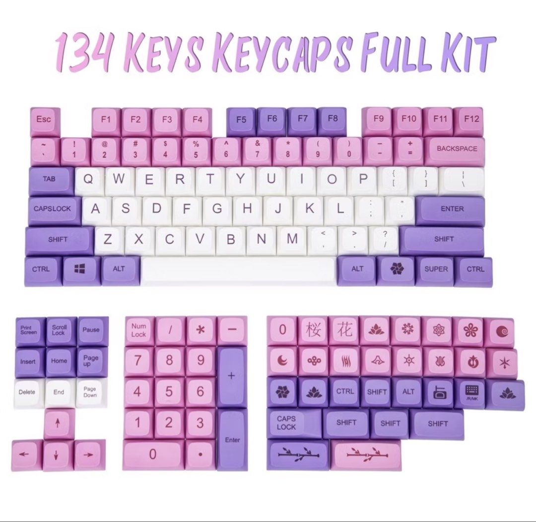 Keycap Full Kit - Pink Purple White (Category: Computer Keyboard) located in Bulacan. Submitted by declutter_diary02 (Listing ID 1441993536, Image 1). Description: - Full keycap set with 134 keys - XDA profile for a comfortable typing experience - Beautiful pink, purple, and white colorway - Includes keys for numpad and all essential function keys - Adorned with charming cherry blossom and floral designs on select keys - Compatible with most stan