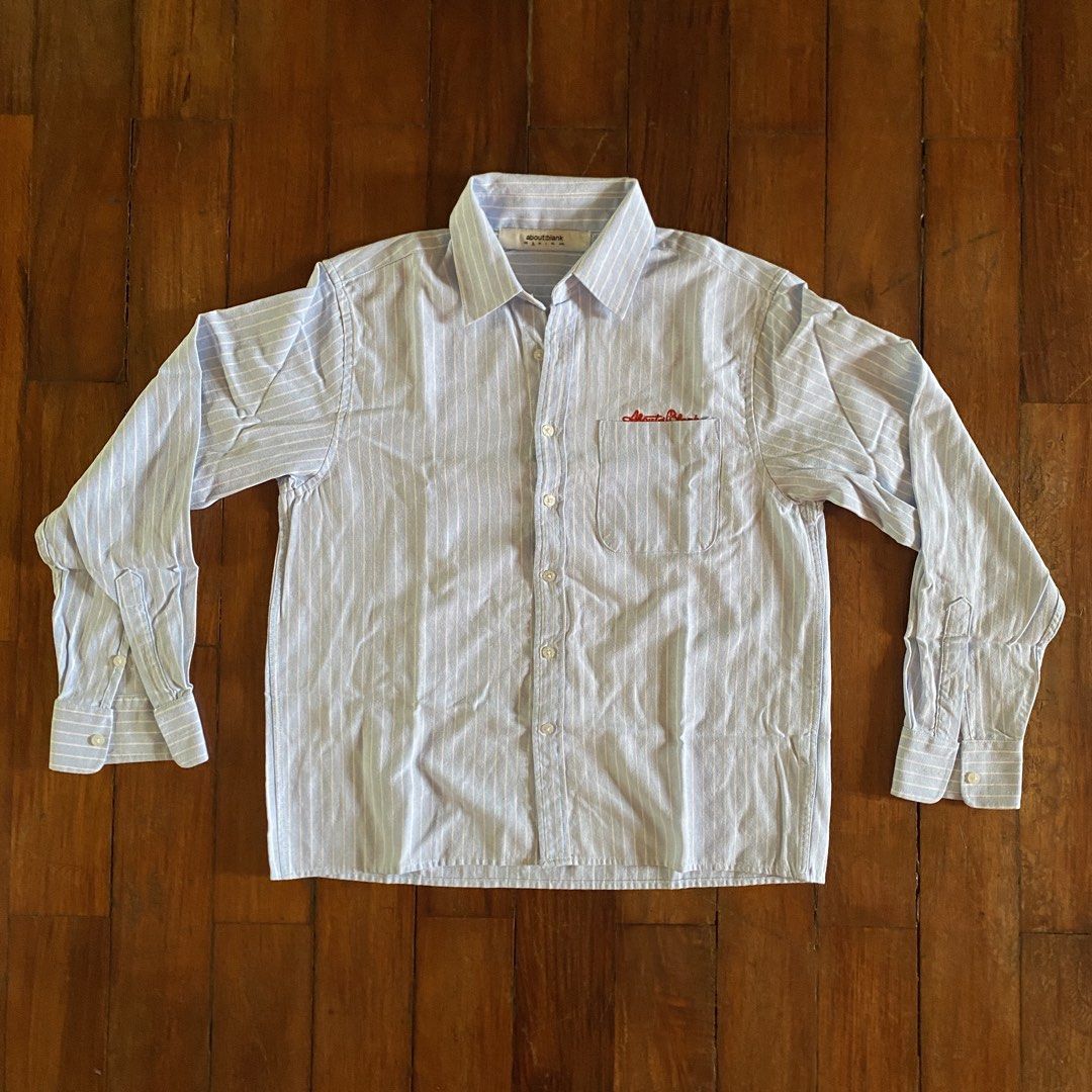 About Blank pinstripe long sleeves (Category: Formal Shirts) located in Naga. Submitted by decluttertingz_ (Listing ID 1442044987, Image 1). Description: About Blank cropped pinstripes long sleeve (light blue) Size S 21x25” No issues.