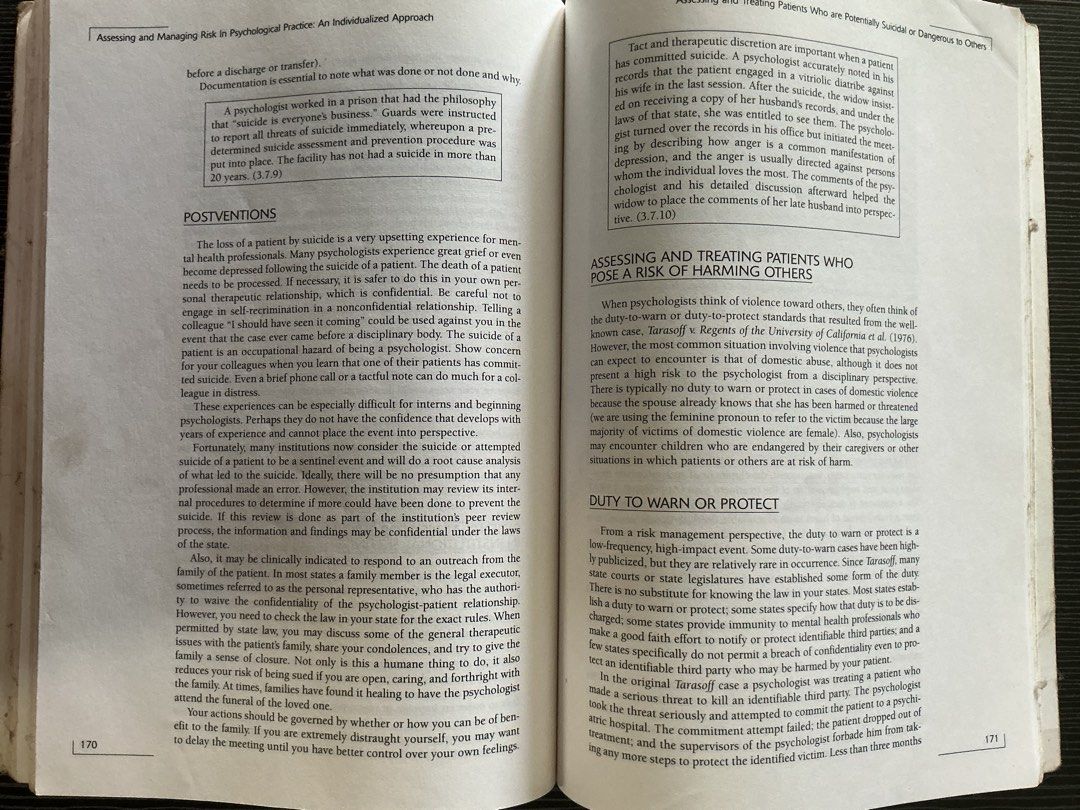 Assessing and Managing Risk in Psychological Practice Book (Category: Textbooks) located in Agdangan. Submitted by fppa_fpcam (Listing ID 1442019998, Image 2). Description: - Essential guide for psychologists on assessing and managing risk. - Features an individualized approach to patient risk management. - Covers crucial topics like postventions and assessing patients who pose a risk to others. - Discusses legal and ethical considerations such a