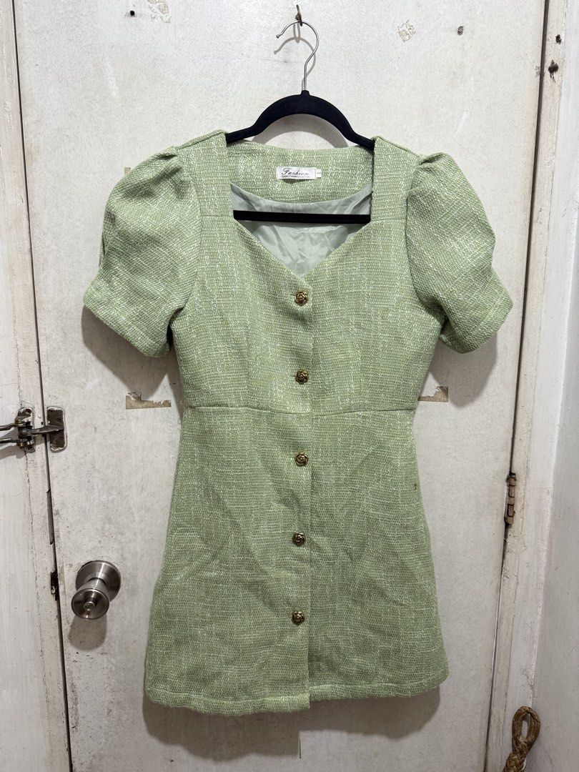 Avocado Green Tweed Dress (Category: Dresses) located in Quezon City. Submitted by katrineang (Listing ID 1442111797, Image 1). Description: Bust 34 inches Waist 26-27 inches Best fits small size.