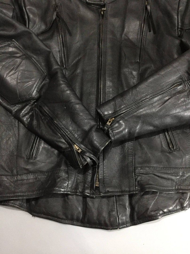 Vintage Motorcycle Leather Jacket (Category: Coats, Jackets and Outerwear) located in Balayan. Submitted by _wethrift (Listing ID 1442129292, Image 3). Description: Vintage Motorcycle Leather Jacket - size L to XL - dimension 23 x 25 -27 - excellent condition - color rate 9/10 - 1 missing puller / minimal stain MINE - 📥 +shipping fee 📍 BALAYAN, BATANGAS.