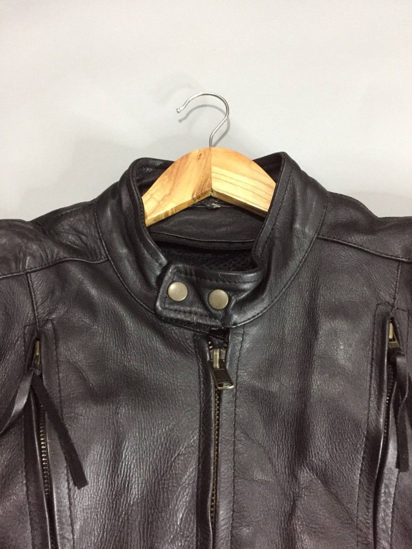 Vintage Motorcycle Leather Jacket (Category: Coats, Jackets and Outerwear) located in Balayan. Submitted by _wethrift (Listing ID 1442129292, Image 2). Description: Vintage Motorcycle Leather Jacket - size L to XL - dimension 23 x 25 -27 - excellent condition - color rate 9/10 - 1 missing puller / minimal stain MINE - 📥 +shipping fee 📍 BALAYAN, BATANGAS.
