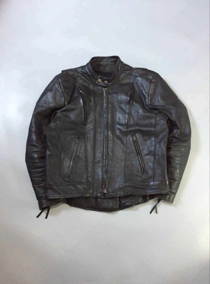 Vintage Motorcycle Leather Jacket (Category: Coats, Jackets and Outerwear) located in Balayan. Submitted by _wethrift (Listing ID 1442129292, Image 1). Description: Vintage Motorcycle Leather Jacket - size L to XL - dimension 23 x 25 -27 - excellent condition - color rate 9/10 - 1 missing puller / minimal stain MINE - 📥 +shipping fee 📍 BALAYAN, BATANGAS.