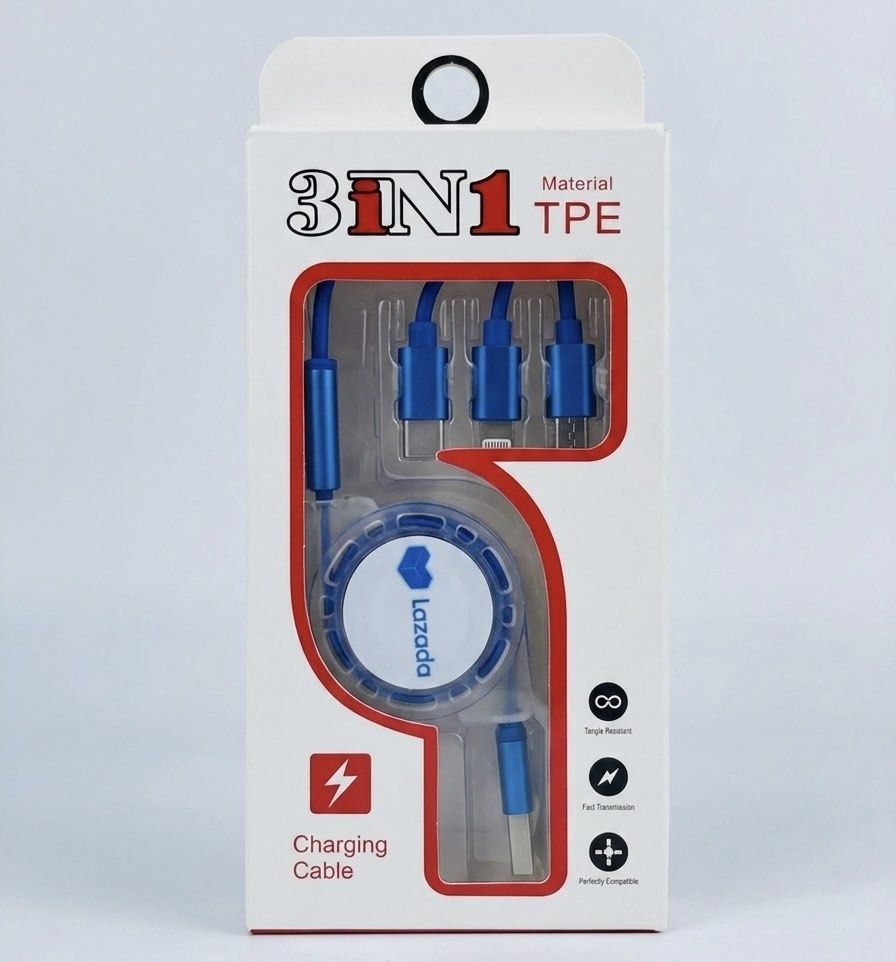 Brand New 3-in-1 Retractable Multi-Charging Cable (Category: Chargers & Cables) located in San Juan City. Submitted by kera.g815 (Listing ID 1442050110, Image 1). Description: Product Details: Connectors: 3-in-1 design featuring Type-C, Lightning (for iOS), and Micro-USB outputs Input: Standard USB-A (plugs into any standard wall adapter, power bank, or laptop port) Material: Flexible, tangle-resistant TPE jacket with sleek blue metallic connecto
