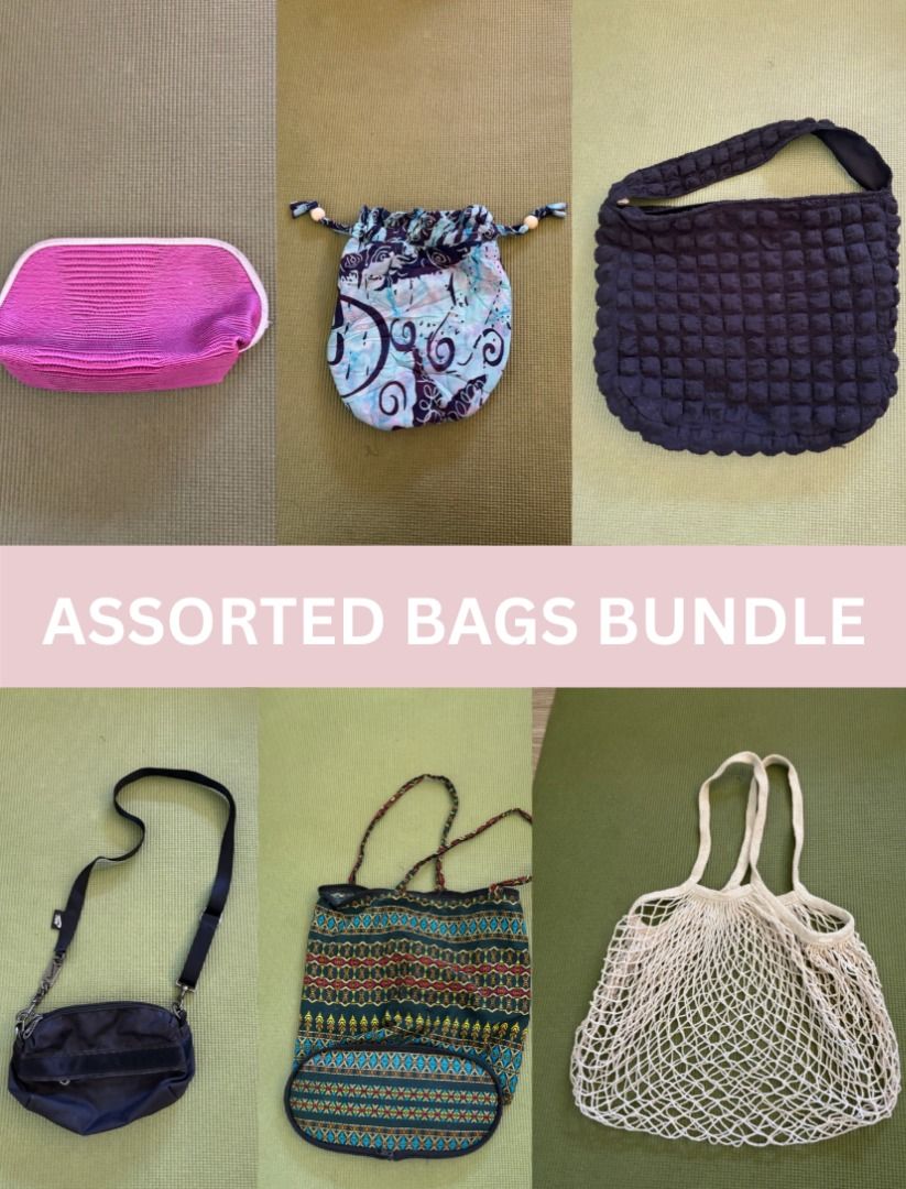 BUNDLE TAKE ALL 6 BAGS (Category: Luxury Bags & Wallets) located in Baguio. Submitted by mo.smith (Listing ID 1442083999, Image 1). Description: bundle of 6 assorted bags - pink clutch - uniquely tie dyed patterned drawstring pouch from cambodia - waffle black shoulder bag from thailand - nike black crossbody bag (rusty zippers) - tribal print body bag from davao, can be zipped up to save space - white mesh tote, beachy european summer vibes 🙌🏾