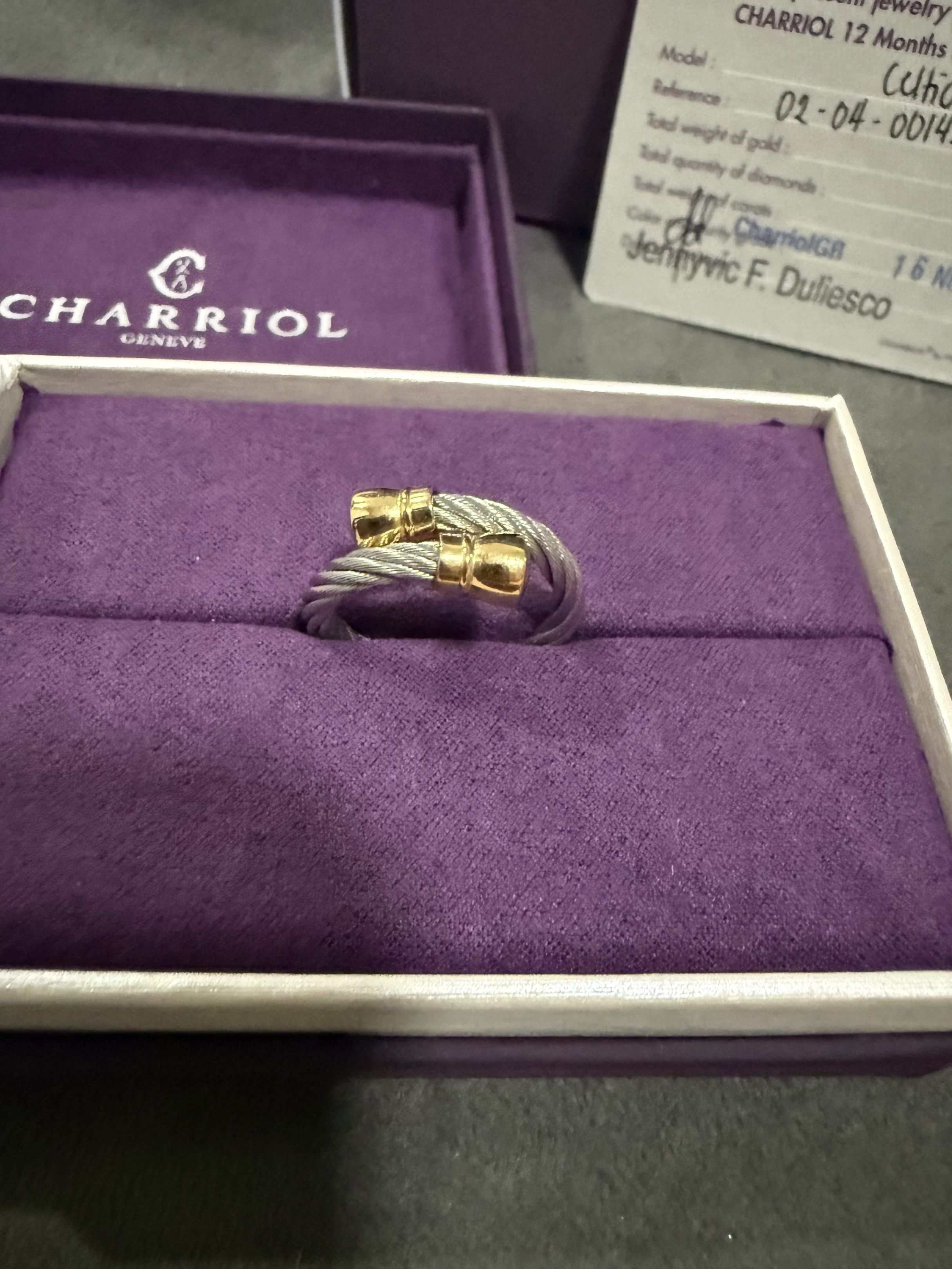 Charriol Geneva Celtic Ring Gold & Steel Cable Design (Category: Rings) located in Santa Rosa. Submitted by jdoria (Listing ID 1442037162, Image 1). Description: PLEASE ASK FOR SELLER OR ITEM INFO FIRST BEFORE MAKING AN OFFER. - Authentic Charriol ring from the Celtic collection. Large Size - Features the signature twisted steel cable design. - Accented with gold details. - Comes with original box and warranty card. - Excellent addition to your j