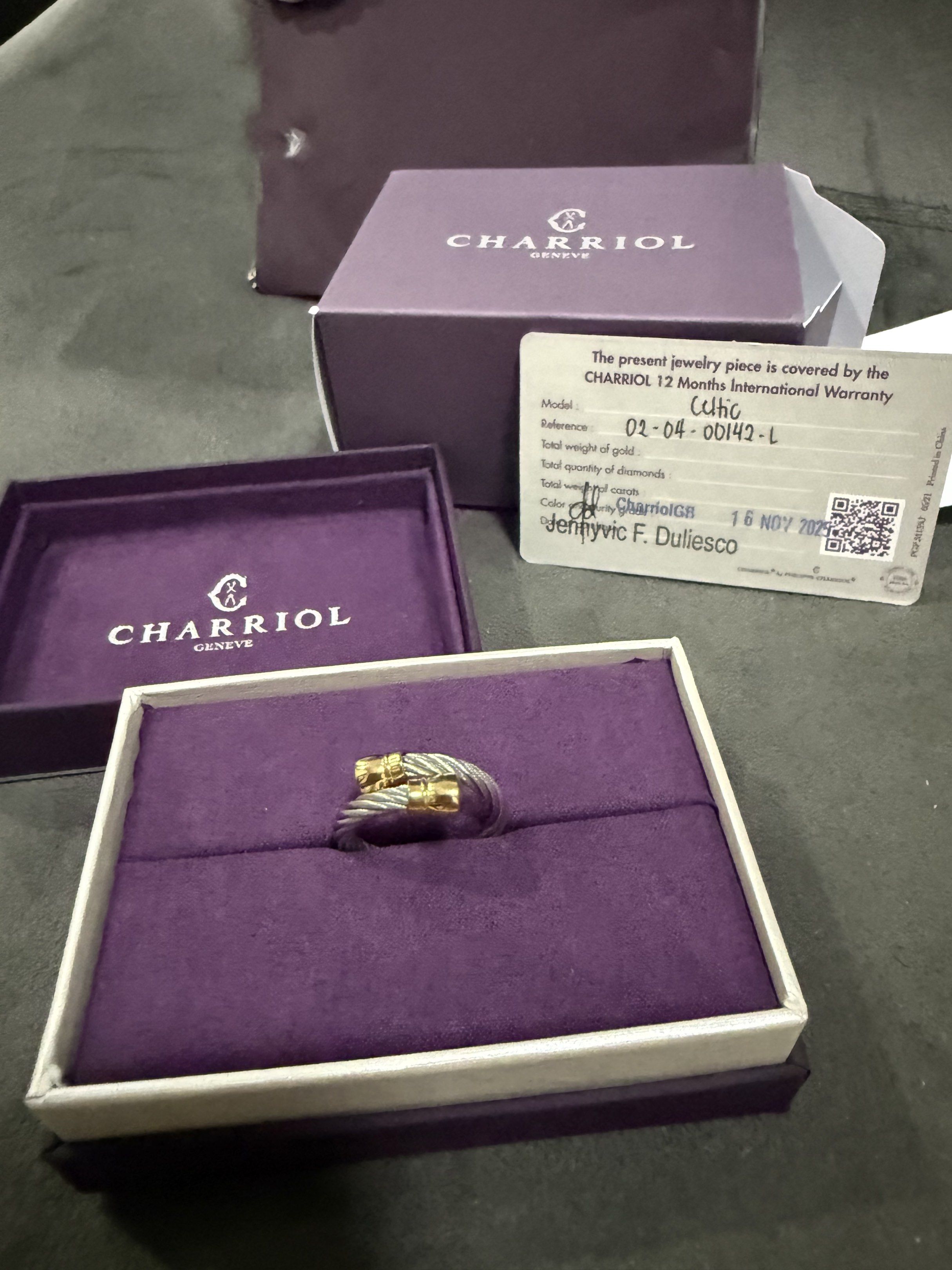 Charriol Geneva Celtic Ring Gold & Steel Cable Design (Category: Rings) located in Santa Rosa. Submitted by jdoria (Listing ID 1442037162, Image 2). Description: PLEASE ASK FOR SELLER OR ITEM INFO FIRST BEFORE MAKING AN OFFER. - Authentic Charriol ring from the Celtic collection. Large Size - Features the signature twisted steel cable design. - Accented with gold details. - Comes with original box and warranty card. - Excellent addition to your j