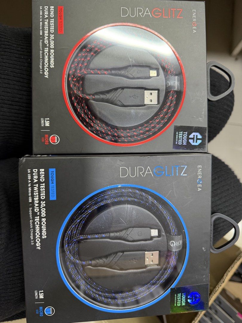 ENERGEA DURAGLITZ Micro USB Cable - 1.5m (Category: Cables & Adaptors) located in Manila. Submitted by yournextshop (Listing ID 1442096360, Image 2). Description: - ENERGEA DURAGLITZ Micro USB Cable - 1.5 meters long - Built to last: Bend tested for 30,000 rounds with Dura Twistbraid Technology - Supports Quick Charge 3.0 for faster charging - Available colors: Black, Red, Blue.