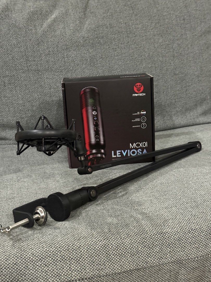 Fantech MCX01 Leviosa Microphone + Boom Arm & Pop Filter Mic Set (Category: Microphones) located in San Juan City. Submitted by astaana (Listing ID 1442090450, Image 1). Description: Selling my Fantech MCX01 Leviosa condenser microphone! - With Box and accessories (Tripod, Pop filter, Cable) - Includes Fantech AC902S boom arm and shock mount set (Worth 900+ on shp haha) No Box - Free Maono pop filter (With Box, unused) - USB Cable Ideal for strea