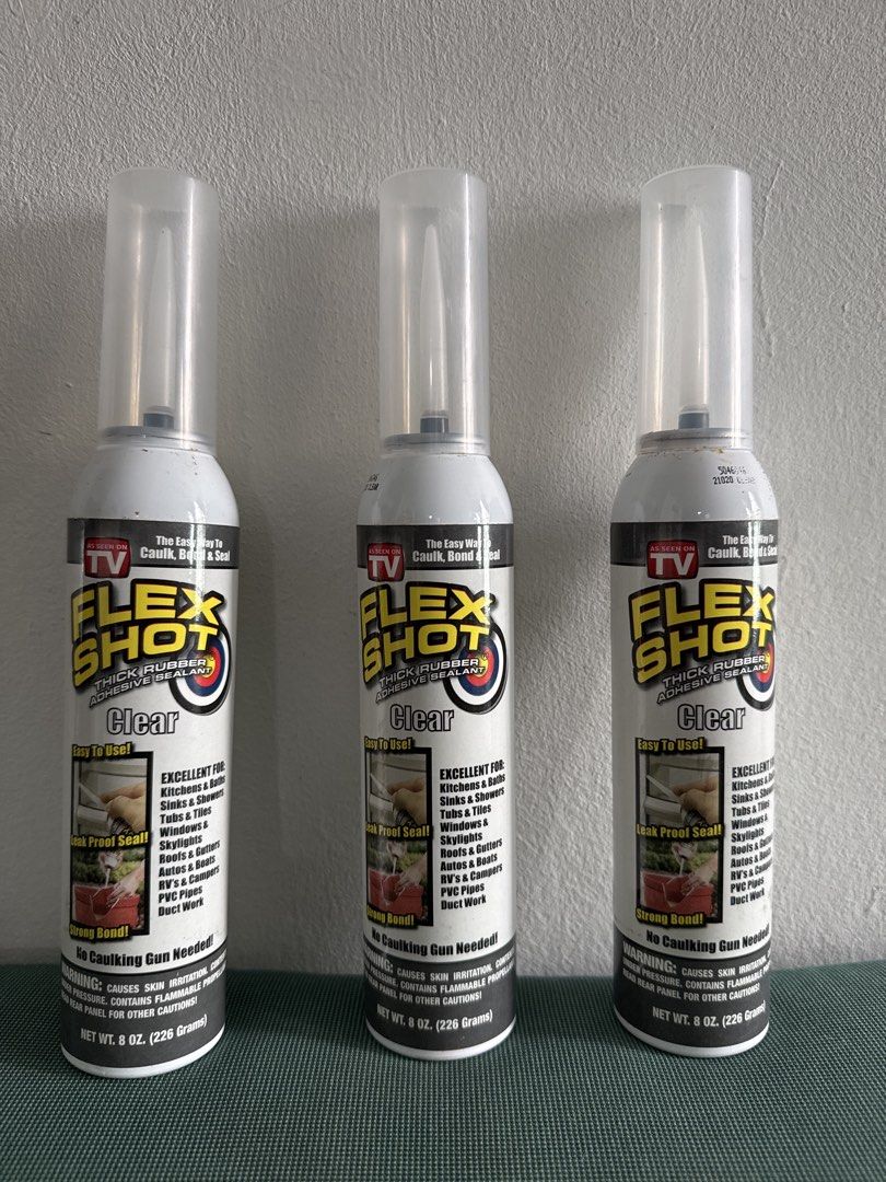 Flex Shot Clear Thick Rubber Adhesive Sealant 8oz (226g) – Waterproof Leak Repair (Category: Home Improvement Tools & Accessories) located in Singapore. Submitted by a23zz (Listing ID 1442023116, Image 1). Description: Price: S$12 each S$30 for all 3 cans Selling Flex Shot Clear Thick Rubber Adhesive Sealant (8oz / 226g). Easy-to-use rubberized sealant designed to caulk, bond and seal without the need for a caulking gun. ✅ Clear finish ✅ Waterpro