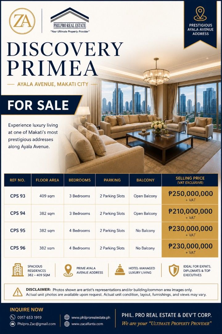 For Sale: Discovery Primea (Category: Apartments & Condos) located in Manila. Submitted by zac_alfanta (Listing ID 1442038403, Image 1). Description: FOR SALE | Luxury Residences at Located along prestigious , these expansive residences offer hotel-level luxury, prime Makati convenience, and exceptional investment value. CPS 93 409sqm Floor Area Open Balcony ₱250,000,000 + VAT CPS 94 382sqm Floor Area Open Balcony ₱210,000,000 + VAT CPS 95 382sqm