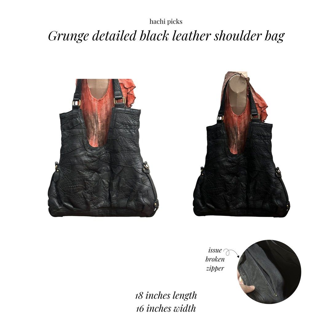Grunge Detailed Black Leather Shoulder Bag (Category: Shoulder Bags) located in Angeles City. Submitted by toukachi (Listing ID 1442129573, Image 1). Description: - Black leather shoulder bag - Unique grunge detailed texture - Dimensions: 18 inches (length) x 16 inches (width).