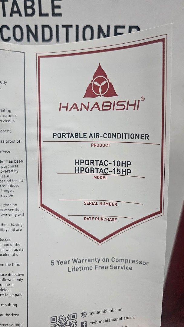Hanabishi Portable Air Conditioner 1HP (Category: Air Conditioning and Heating) located in Quezon City. Submitted by atrxsk (Listing ID 1442095378, Image 3). Description: - Hanabishi Portable Air Conditioner - Bought in April 2026 for ₱17,984 - 1 HP (HPORTAC-10HP) - Easy to clean filter - 5-year warranty - Auto restart function - Self-evaporative system - LED display - Omni-directional casters for easy movement - Built-in timer - Rated Voltage: 2