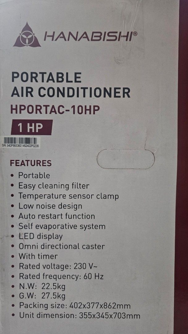 Hanabishi Portable Air Conditioner 1HP (Category: Air Conditioning and Heating) located in Quezon City. Submitted by atrxsk (Listing ID 1442095378, Image 2). Description: - Hanabishi Portable Air Conditioner - Bought in April 2026 for ₱17,984 - 1 HP (HPORTAC-10HP) - Easy to clean filter - 5-year warranty - Auto restart function - Self-evaporative system - LED display - Omni-directional casters for easy movement - Built-in timer - Rated Voltage: 2