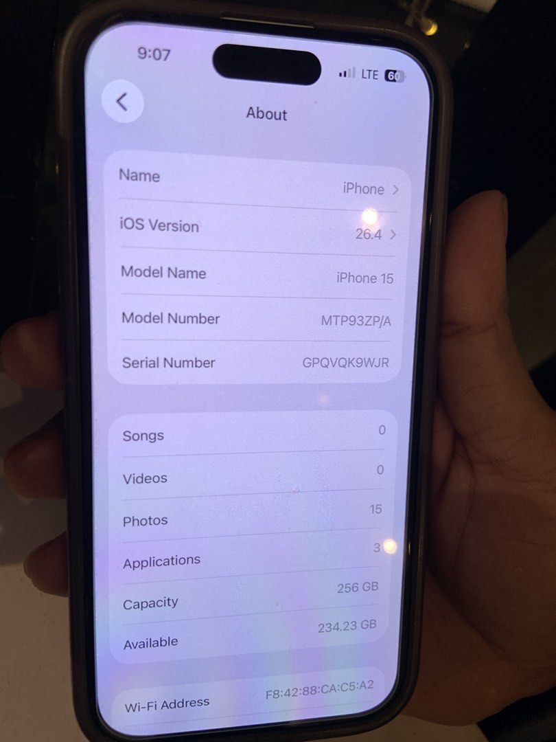 iPhone 15 25gb (Category: iPhone 15 Series) located in Manila. Submitted by healer0219 (Listing ID 1442094765, Image 3). Description: IPhone 15 256gb - ZP/A Local variant - 256 Gb - Unli Reset - With Face Id - No Sim Restrictions (Any sim) - 84 Battery Health - 26.4 IOS Ver. - Truetone working - NTC approved - With Orginal Box - Minimal Dents - No issue - May freebies na 3 case ng iPhone 15 at wireless charger SJDM, Bulacan and SM fairview Loc. M