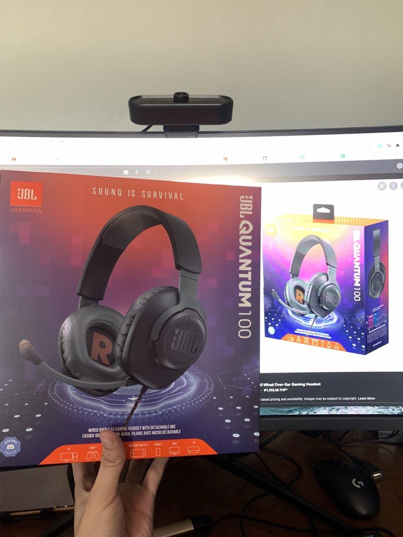 JBL Quantum 100 Wired Over-Ear Gaming Headset with Detachable Mic (Category: Headphones & Headsets) located in Manila. Submitted by creed.808 (Listing ID 1442142807, Image 3). Description: - JBL Quantum 100 Gaming Headset - Wired, Over-Ear Design - Detachable Microphone - Compatible with PC, PlayStation, Xbox, and Nintendo Switch - Excellent Sound Quality for Gaming - Original Box Included.