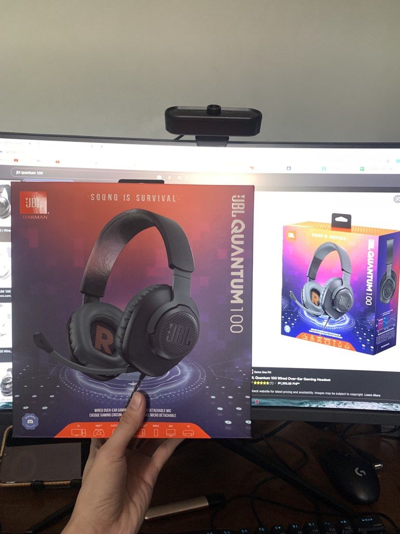 JBL Quantum 100 Wired Over-Ear Gaming Headset with Detachable Mic (Category: Headphones & Headsets) located in Manila. Submitted by creed.808 (Listing ID 1442142807, Image 1). Description: - JBL Quantum 100 Gaming Headset - Wired, Over-Ear Design - Detachable Microphone - Compatible with PC, PlayStation, Xbox, and Nintendo Switch - Excellent Sound Quality for Gaming - Original Box Included.