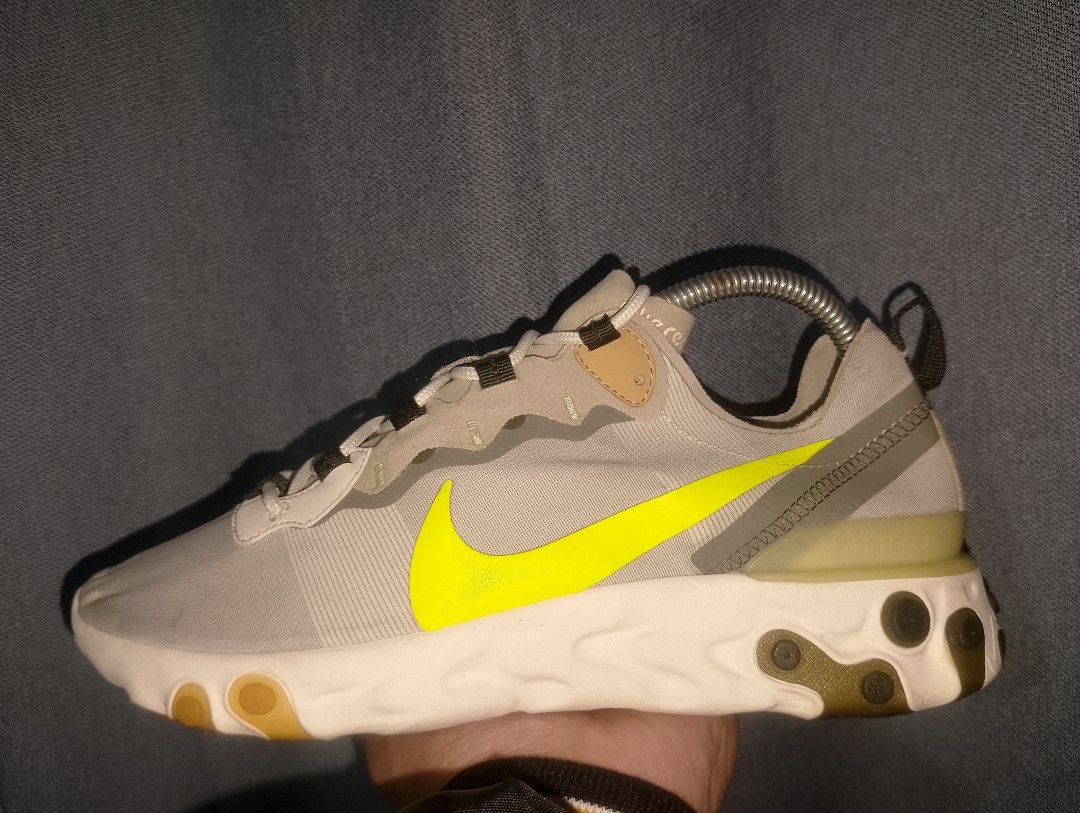 Nike React Element 87 "Light Orewood Brown" Volt Sneakers (Category: Sneakers) located in Baguio. Submitted by kimjohnki88704 (Listing ID 1442151018, Image 2). Description: - Nike React Element 87 - Colorway: Light Orewood Brown and Volt - Features a translucent upper - Unique lacing system - Comfortable React foam sole - Suitable for everyday wear and athletic activities.