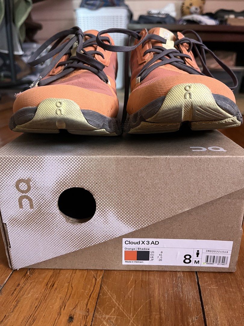 ON Cloud X 3 AD Orange Shadow Running Shoes (Category: Sneakers) located in Santa Rosa. Submitted by chinobili (Listing ID 1442002927, Image 2). Description: - ON Cloud X 3 AD Running Shoes - Color: Orange/Shadow - Size: US Men's 8 - Condition: Good, pre-loved - Ideal for: Running and everyday wear - Includes: Original box - Origin: Made in Vietnam - RFS: Decluttering Negotiable. Will include stance socks as freebie. .