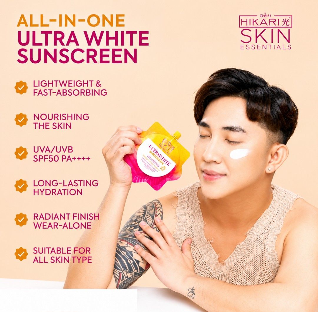 ORIGINAL HIKARI Ultra White Sunscreen (Category: Body Care) located in Manila. Submitted by rodge28 (Listing ID 1442083056, Image 1). Description: Glow with confidence every day! Protect your skin with the ORIGINAL Hikari Skin Essentials UltraWhite Sunscreen 🌸 ⚠ Accept no fake or imitation products — always choose authentic Hikari quality! ✔ SPF50 PA++++ Protection ✔ Lightweight & Fast-Absorbing ✔ Long-Lasting Hydration ✔ Perfect for all skin ty