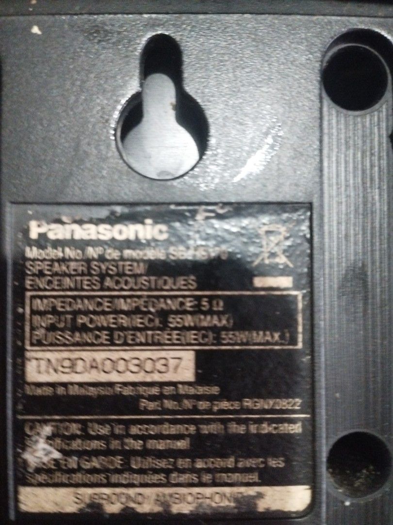 Panasonic SB-HS170 Surround Speakers (Category: Soundbars, Speakers & Amplifiers) located in Manila. Submitted by deguzmandh17516 (Listing ID 1442051815, Image 1). Description: - Panasonic SB-HS170 Surround Sound Speakers - Impedance: 5 ohms - Input Power: 55W max - Made in Malaysia - Ideal for home theater setups - Feel free to ask questions!.