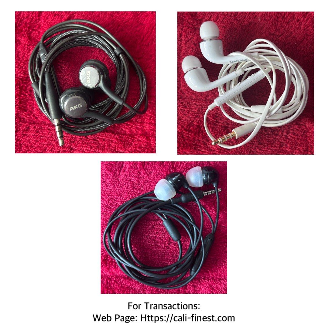 Philips, Samsung Earphones (Category: Earphones) located in Pasig City. Submitted by califinestcollectibles (Listing ID 1441987371, Image 1). Description: Philips, Samsung Earphones EL#390 •2pcs – Used Samsung Earphone - 480 each •1pc - Used Sony Earphone - 410 pesos • Actual and detailed photos are already posted—kindly check all photos. • When-worn photos are not provided due to sanitary reasons. • All items are pre-washed. • Complete details a