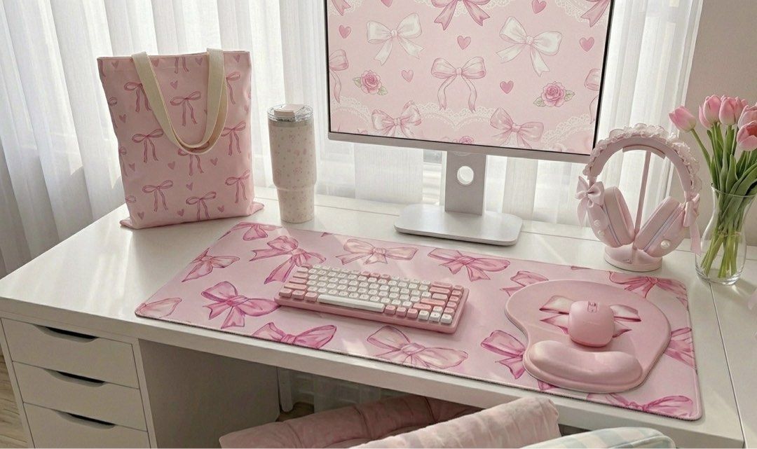 Pink Coquette Desk Aesthetic (Category: Mouse & Mousepads) located in Manila. Submitted by kellemirah (Listing ID 1441960054, Image 1). Description: Hi coquette girlies 💗🎀🌷 This is your sign to upgrade your desk and vanity setup to the dream aesthetic you deserve! Buy 2 or more items to get a discount ✨ Tote Bag: ₱380 (36cm x 31cm) Tumbler: ₱999 (25cm x 9.8cm) Desk Pad: ₱499 (60cm x 30cm) Mouse Pad: ₱299 (22.8cm x 19.2cm) Storage Basket: ₱399 