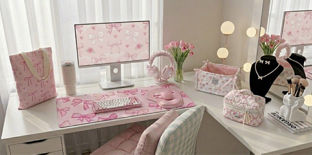Pink Coquette Desk Aesthetic (Category: Mouse & Mousepads) located in Manila. Submitted by kellemirah (Listing ID 1441960054, Image 3). Description: Hi coquette girlies 💗🎀🌷 This is your sign to upgrade your desk and vanity setup to the dream aesthetic you deserve! Buy 2 or more items to get a discount ✨ Tote Bag: ₱380 (36cm x 31cm) Tumbler: ₱999 (25cm x 9.8cm) Desk Pad: ₱499 (60cm x 30cm) Mouse Pad: ₱299 (22.8cm x 19.2cm) Storage Basket: ₱399 